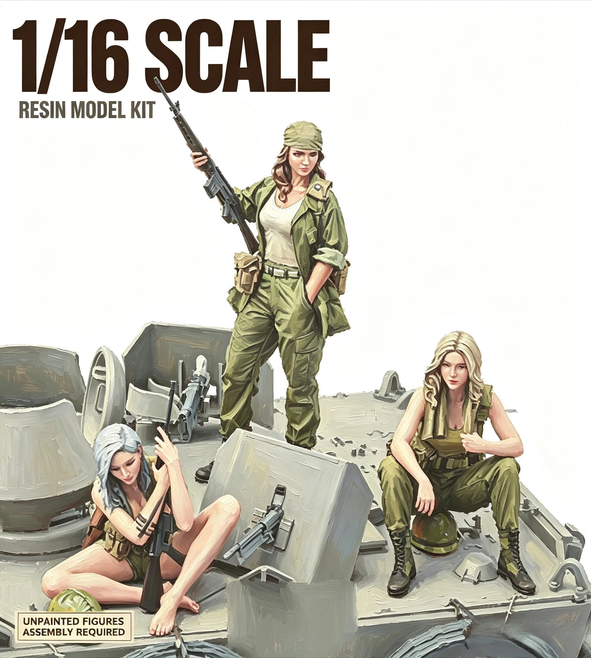1/16 Resin Model Assembly Kit Gk, Tank Female Soldiers 3 People, Unpainted Model
