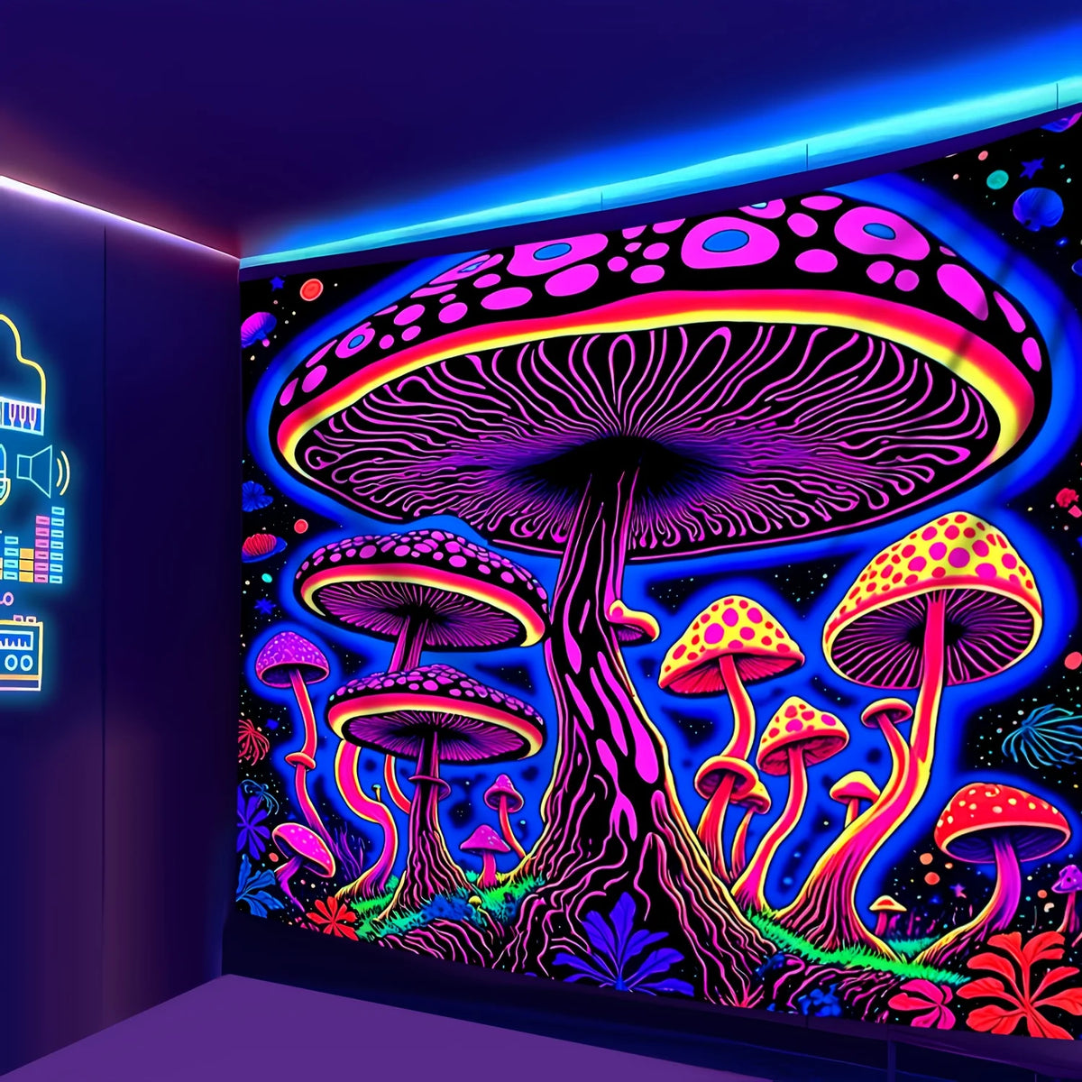 VIKAMA psychedelic mushroom tapestry decor featuring vibrant colors and intricate patterns on a wall backdrop.