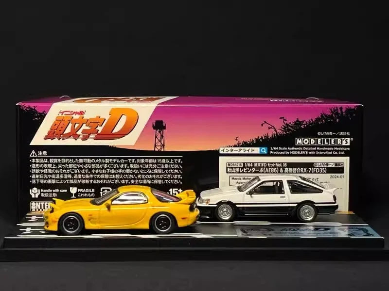 Anime 1:64 first text D AE86 RX7 NSX with scene set Alloy die-cast simulation car model,adult decoration,boy toy,children's gift