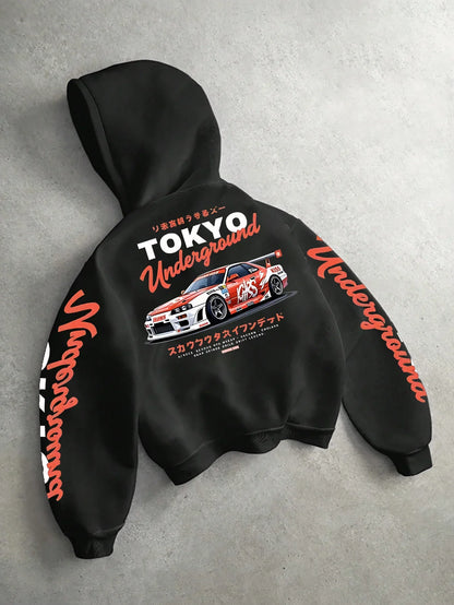 Men's Tokyo JDM Racing Car Cropped Hoodie Back & Sleeve Graphic Oversized Streetwear Car Culture Short Hooded Sweatshirt Autumn