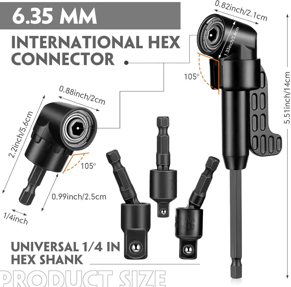Flexible Drill Bit Extension Set, 105° Right Angle Drill Attachment Hex Adapter Socket Bendable Magnetic Extender Screwdriver
