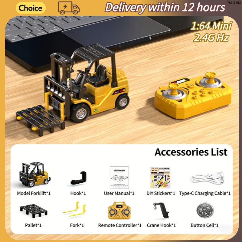 1:64 Mini Remote Control Alloy Excavator Truck Forklift with Trailer Worktop  Bluetooth 2.4GHz RC Car Child's Toy Holiday Gifts