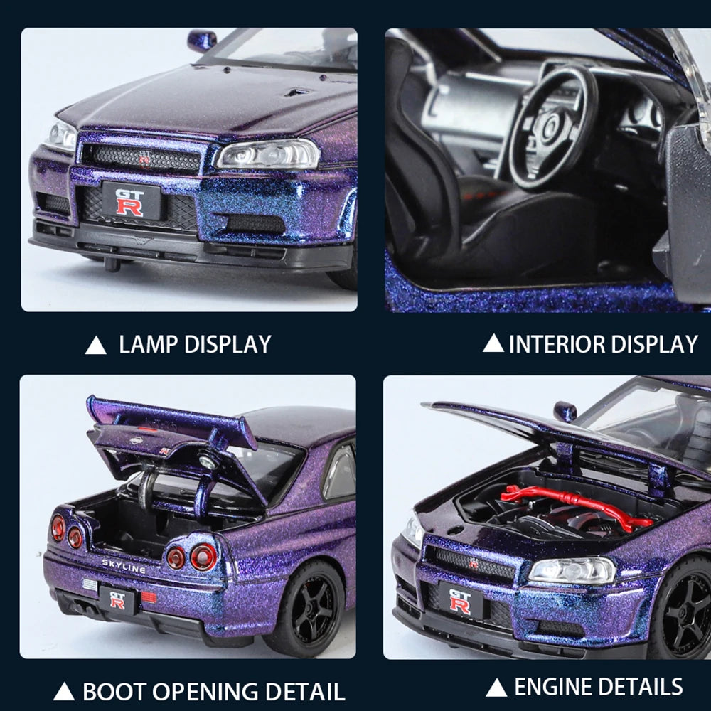 1:32 GTR Modified SKYLINE Supercar Alloy Car Diecast Metal Vehicle Model Sound Light Kids Toy Boy Gift CollectFast Furious Ornam