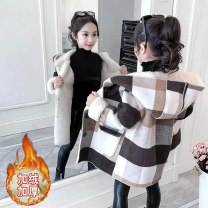 Winter Girls Lamb Fleece Coat Warm Hooded Outerwear Fashion Woolen Long Coat Children Clothing Teeange Girls Jackets 4-12Y