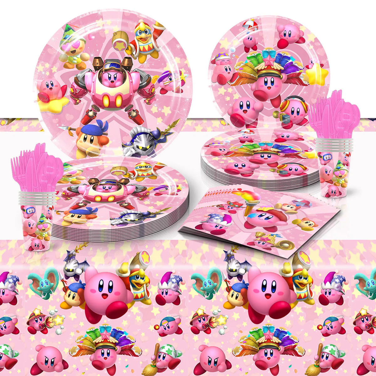 Hot kawaii Star Kirby Birthday Party cutlery plate Disposable Banner Cake Topper Hanging Flag Kirby‌ Balloon Birthday Decoration