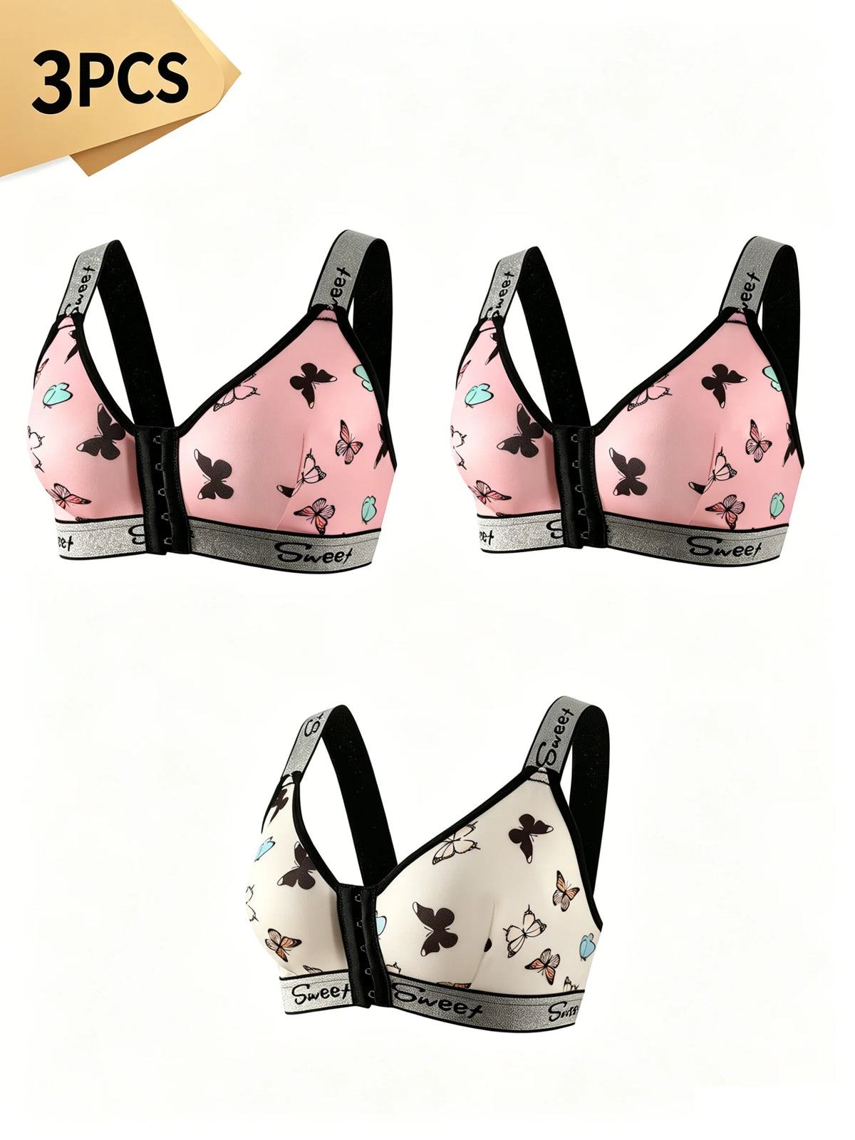 3pcs Women's Underwear Set, Multi-Color Front Closure Bra