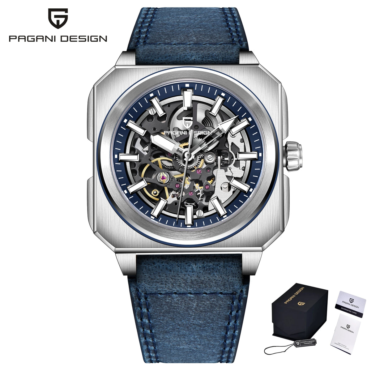 PAGANI DESIGN Sports Square Men's Mechanical Automatic Watch, Waterproof Skeleton Retro Leather Outdoor Sports Luminous Gift Men