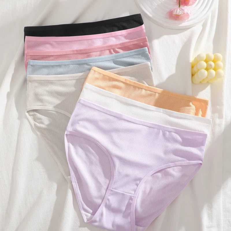 4PCS/SET Striped Ribbed Panties Set Women Mid Waist Breathable High Elastic Comfortable Sports Briefs Solid Color Daily Lingerie