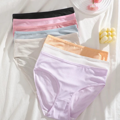 4PCS/SET Striped Ribbed Panties Set Women Mid Waist Breathable High Elastic Comfortable Sports Briefs Solid Color Daily Lingerie