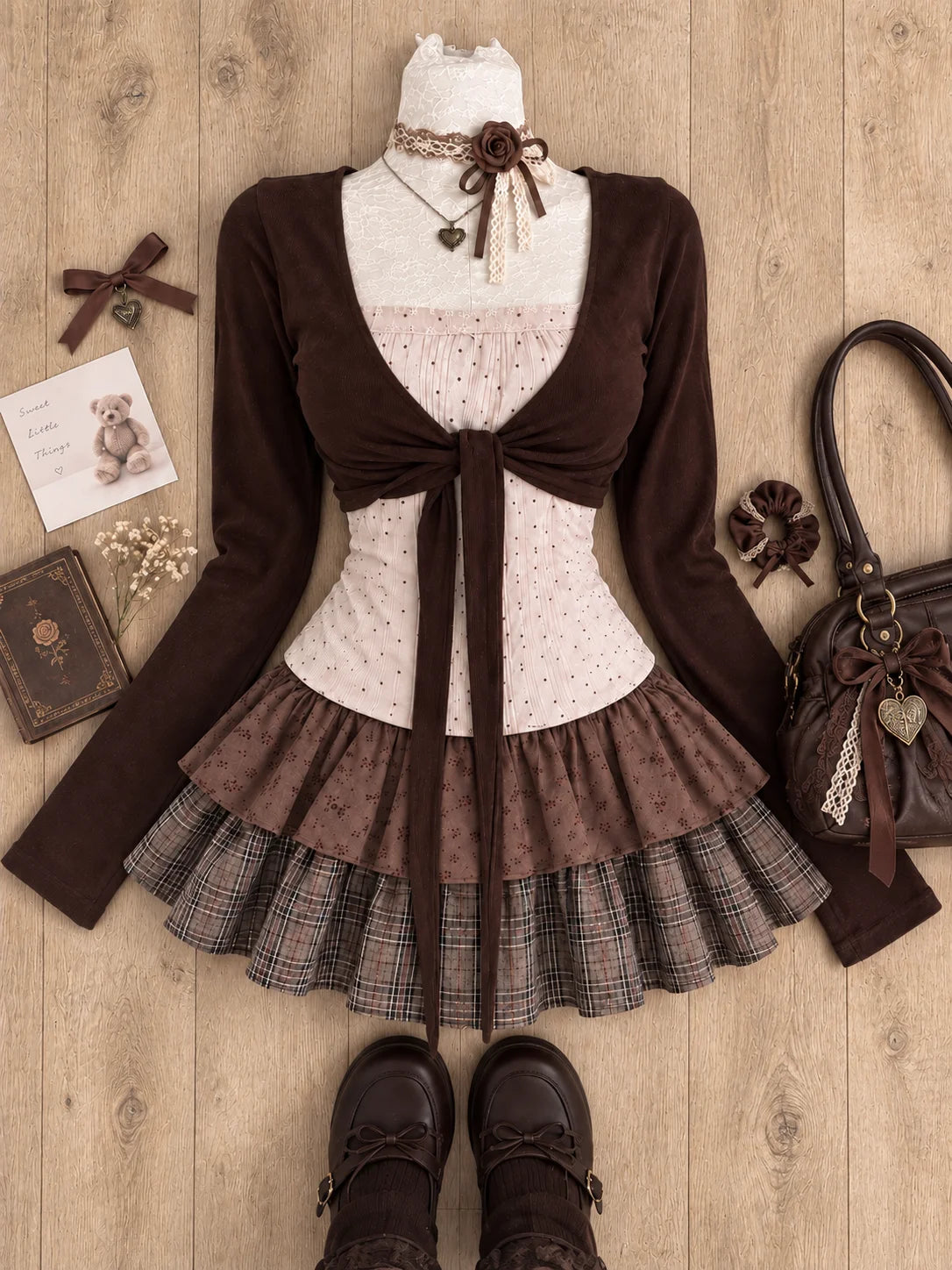 Sweet Lolita Lace Up Ruffles Cardigan+ Sexy Slim Fit Strapless Vest Tops+ High Waist Ruched Skirts Early Autumn Three Piece Sets