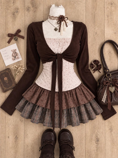 Sweet Lolita Lace Up Ruffles Cardigan+ Sexy Slim Fit Strapless Vest Tops+ High Waist Ruched Skirts Early Autumn Three Piece Sets
