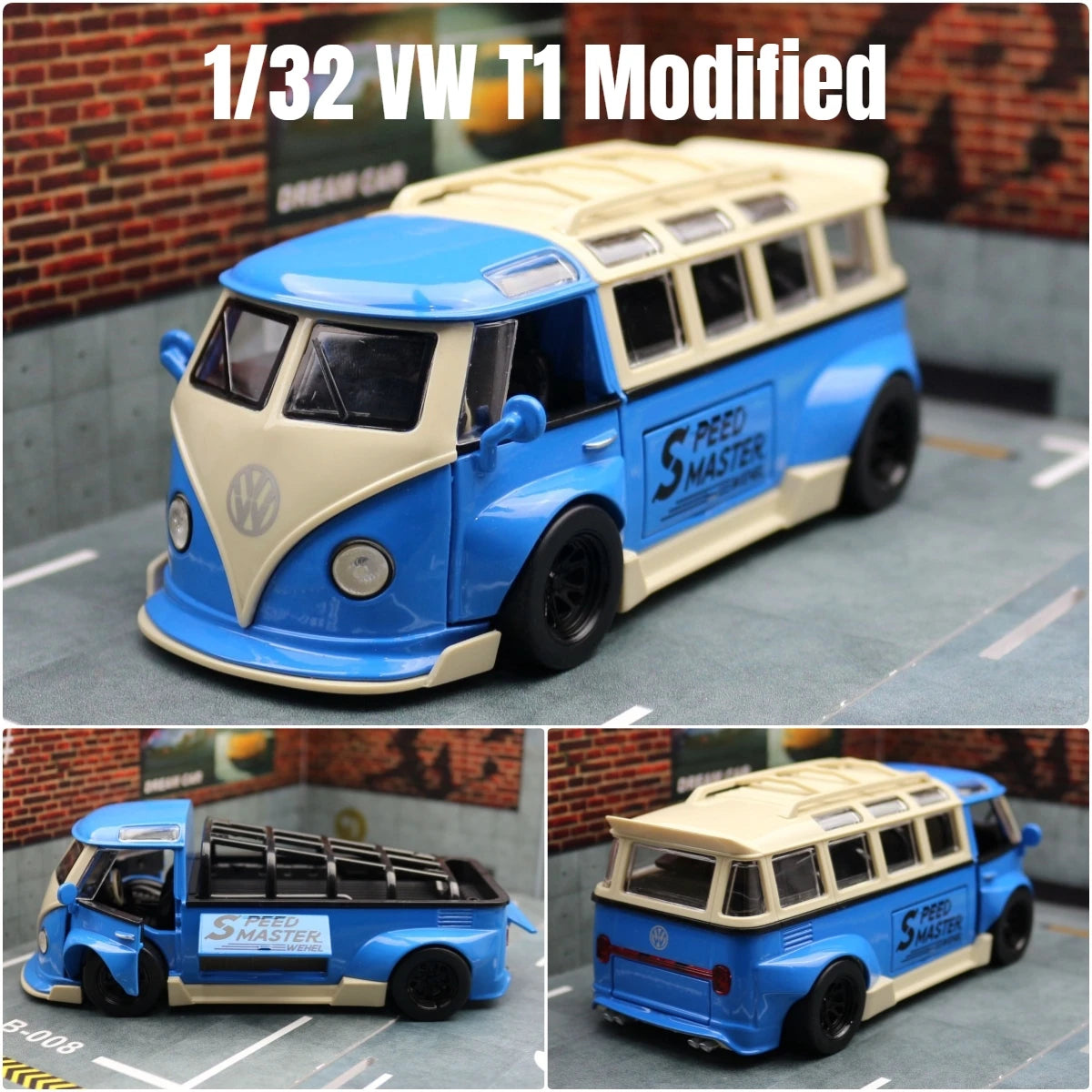 1/32 Volkswagen T1 Minibus Samba JDP Modified Toy Car For Children Diecast Miniature Model Sound & Light Collection Gift Boys