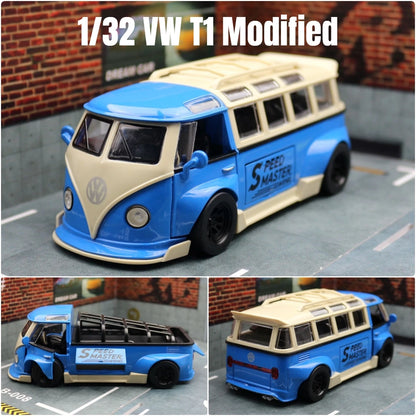 1/32 Volkswagen T1 Minibus Samba JDP Modified Toy Car For Children Diecast Miniature Model Sound & Light Collection Gift Boys