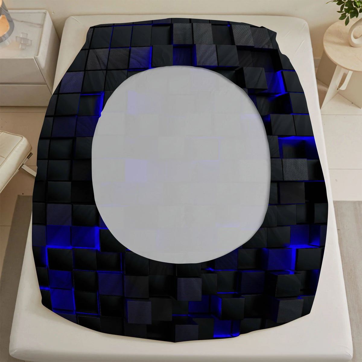 1 Piece 3D Geometric Square Fitted Sheet Black Blue Luminous Cube Texture Soft Microfiber Bedding For Modern Bedroom Decor