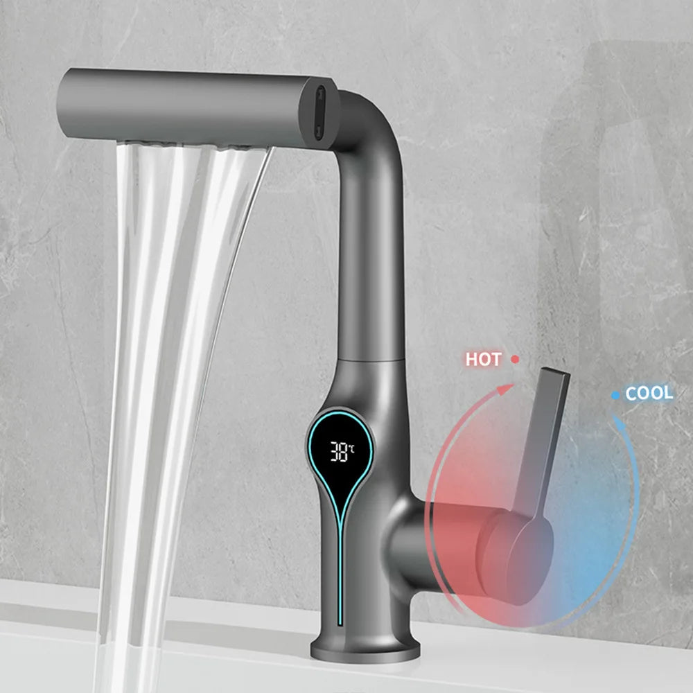 Multi Functional Waterfall Basin Faucet 4 Mode Mixer Tap Pull Out Nozzle Bathroom & kitchen Faucet Smart LED Display Sink Faucet