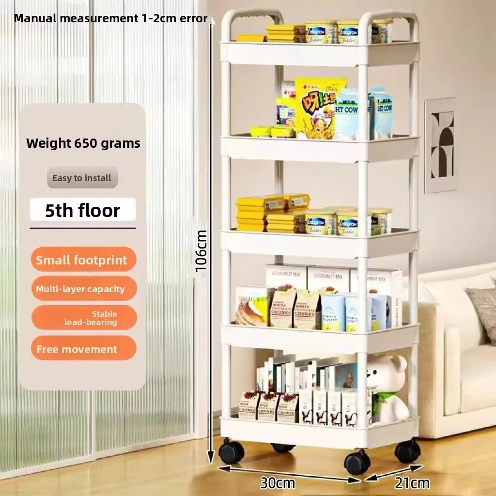 5-Tier Kitchen Storage Shelf Rolling Cart Mobile Trolley Rack with Wheels for Snacks Fruits Vegetables Bathroom Home Organizer ﻿
