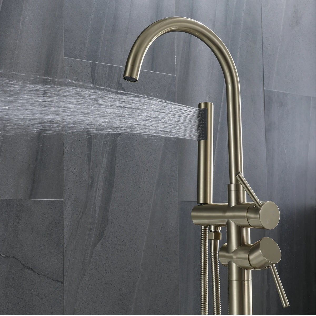 AITANA Luxury Black Brass Bathroom Faucet. Floor Standing Design with Simple 2 Handle Hot and Cold Bathtub and Dual-Mode Faucet