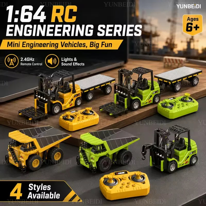 1:64 Mini Remote Control Alloy Excavator Truck Forklift with Trailer Worktop  Bluetooth 2.4GHz RC Car Child's Toy Holiday Gifts