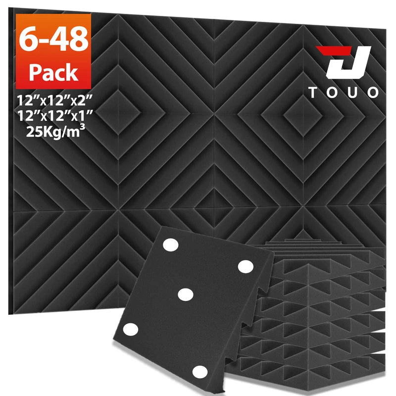 TOUO Acoustic Foam 6-48 Pcs Offices Acoustic Treatment Diamond Groove Foams Panels High-Density Sound Absorbing Material