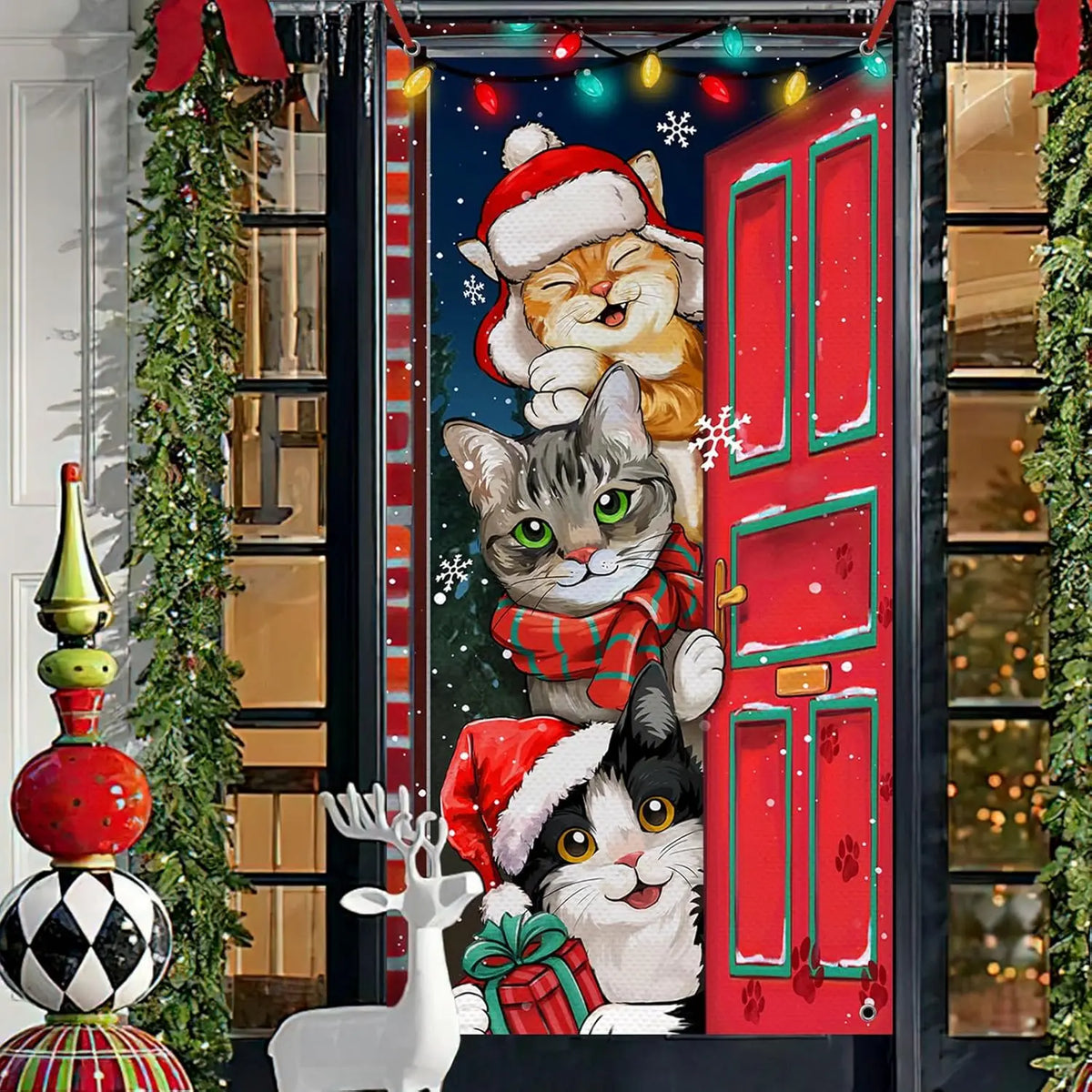 Christmas Tabby & Tuxedo Cat Decorations, Xmas Orange Front Door Banner,Christmas Door Cover Winter Holiday Indoor/Outdoor Fun