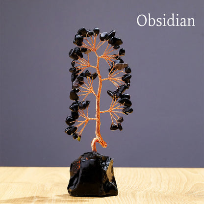 1 Piece Natural Gemstone Crystal Lucky Tree Decoration with Raw Stone Base – for Home, Office Desk & Living Room