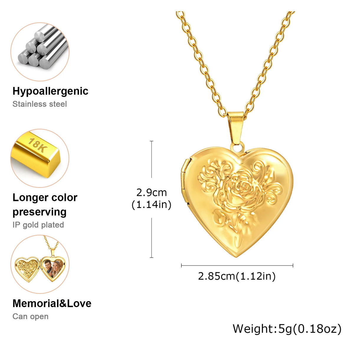 Vnox Light Heart Locket Pendants for Women Men Openable Photo Frame Glossy Stainless Steel Necklaces Family Love Collar