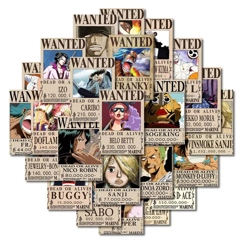10/30/56pcs Anime One Piece Wanted Posters Stickers Cartoon Decals Cool Laptop Decoration Wall Waterproof Sticker for Kids Toys