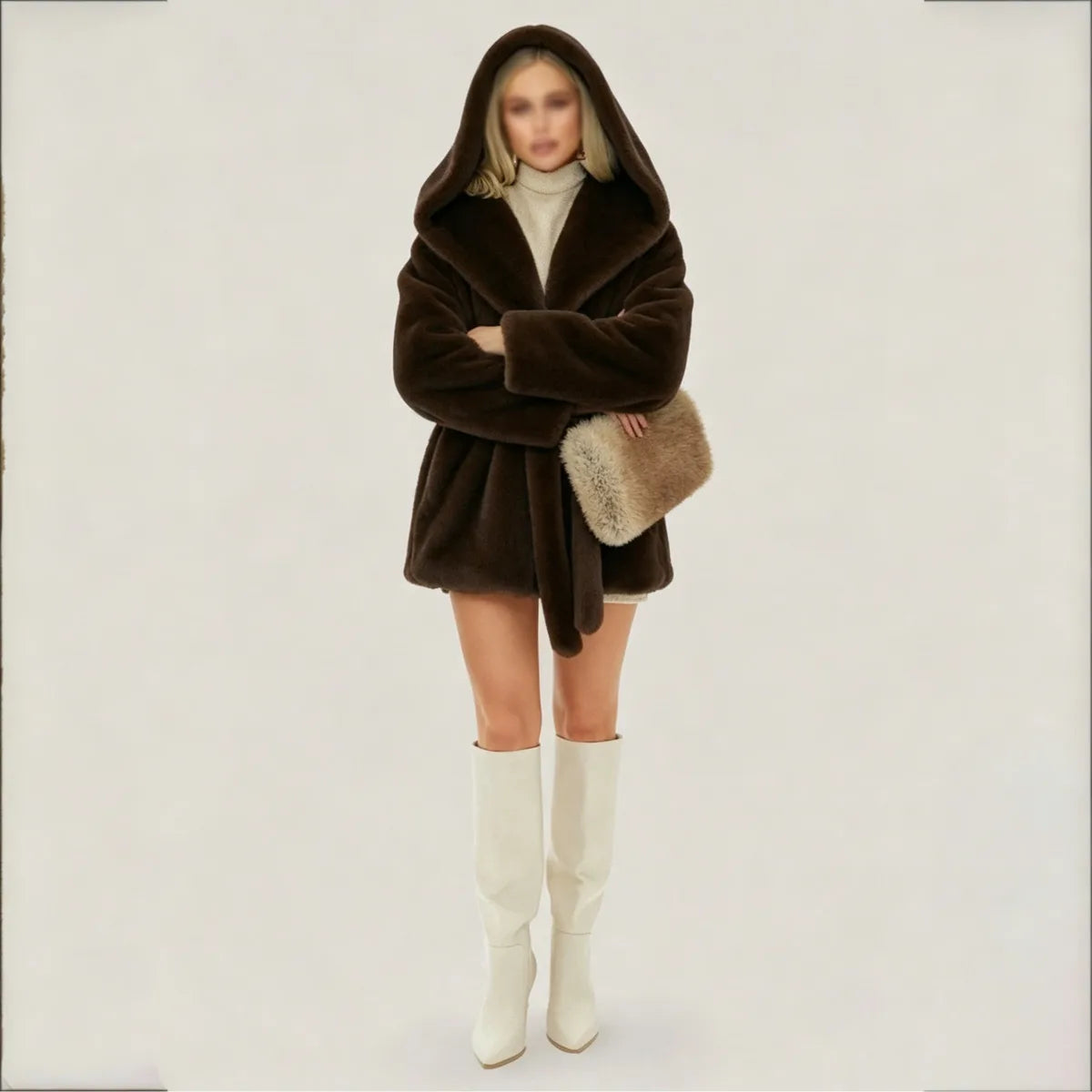 IG Women Dark Brown Hooded Faux Fur Coat Waist Tie Belt Wrap Front Mid Short Plush Fluffy Jacket Cuffed Sleeve Luxury Warm