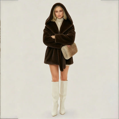 IG Women Dark Brown Hooded Faux Fur Coat Waist Tie Belt Wrap Front Mid Short Plush Fluffy Jacket Cuffed Sleeve Luxury Warm