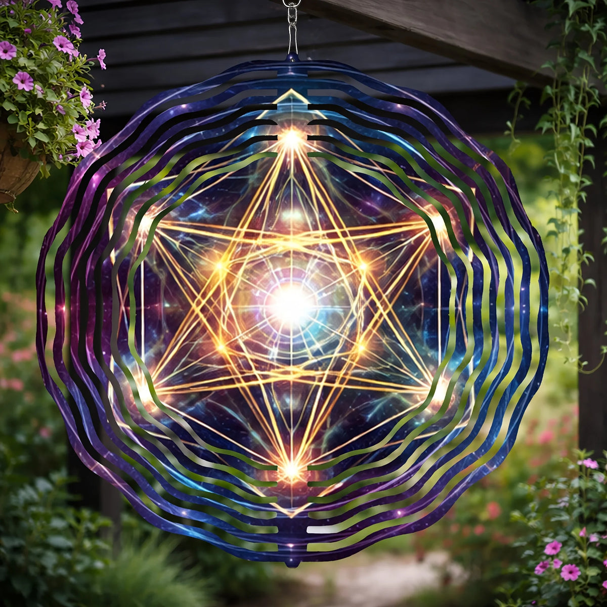 1pc Sacred Geometry Metal Wind Chime with Flower of Life & Merkaba - Iron Hanging Outdoor/ Wind- Chime, 360° Rotating Hook