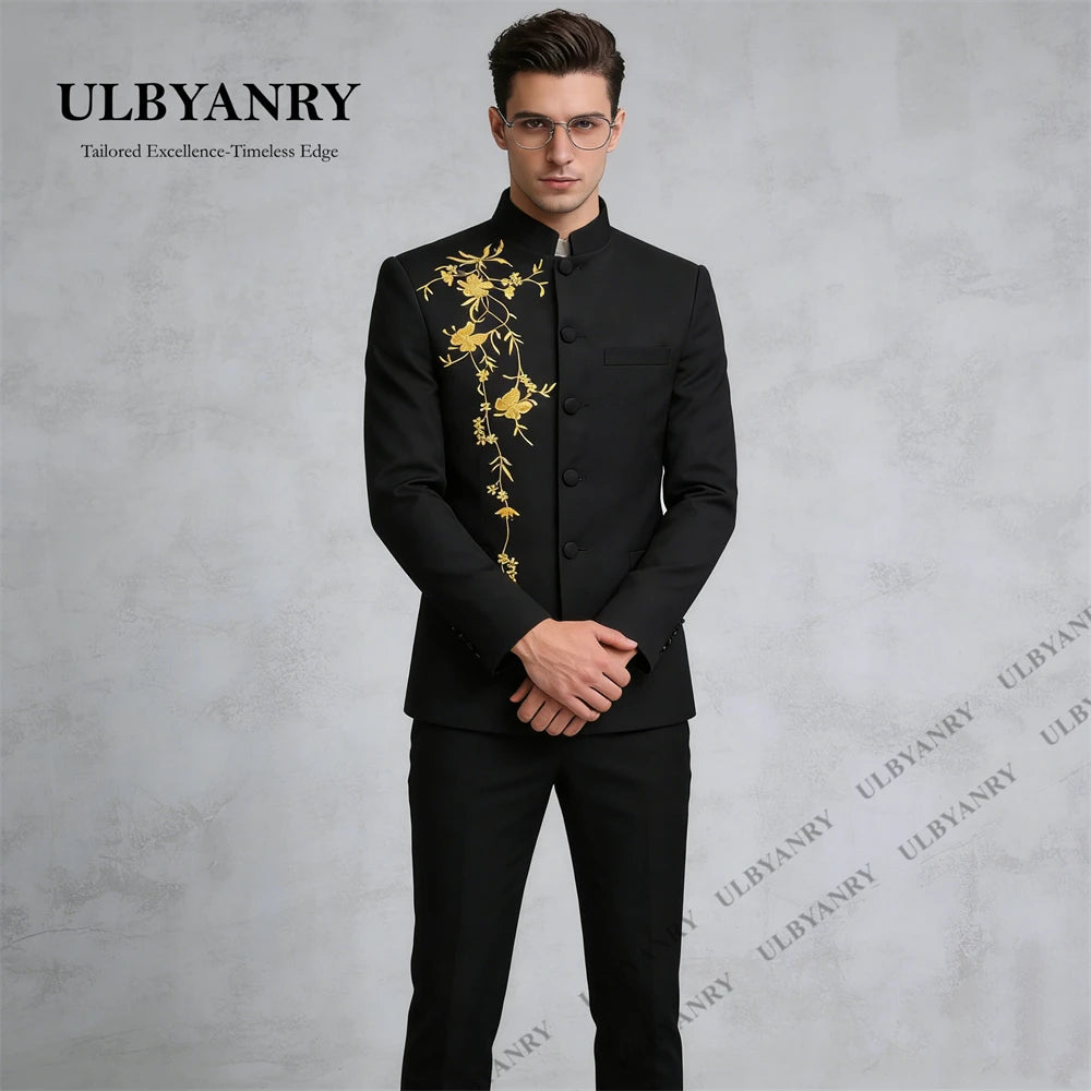 ULBYANRY Traditional Suit Set for Men, Stand Collar Single Row Suit, Wedding Groom Suits Men's Slim Fitting Tuxedo Jacket Pants