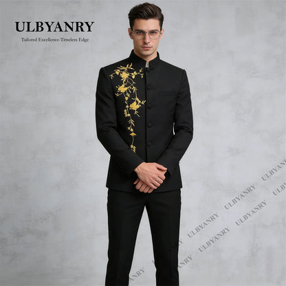 ULBYANRY Traditional Suit Set for Men, Stand Collar Single Row Suit, Wedding Groom Suits Men's Slim Fitting Tuxedo Jacket Pants
