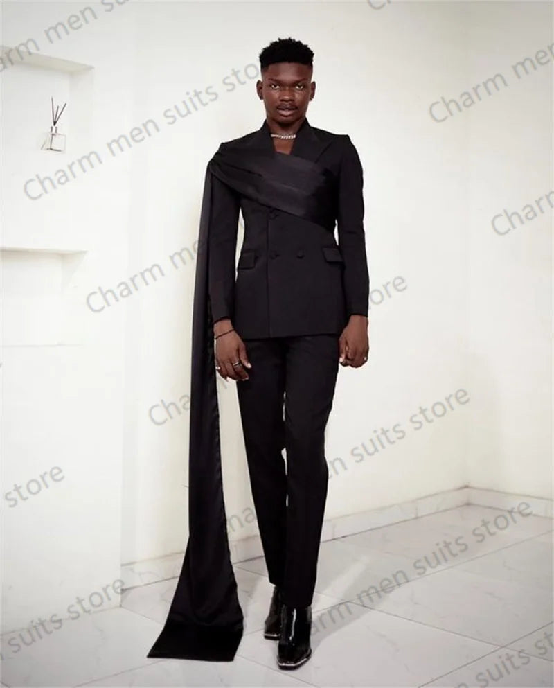 Wrap Black Men Suits Set Custom Made 2 Piece Blazer+Pants Jacket With Strap Office Formal Groom Wedding Tuxedo Prom Coat