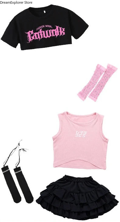 Girls K-pop Crop Top Street Dance Tiered Skirt Cargo Pants Children Costume Kids Hip Hop Streetwear Jazz Girl Group Clothes Sets