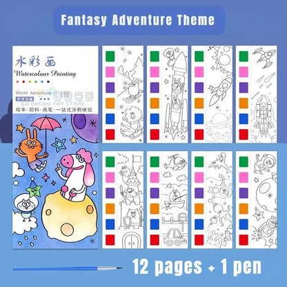 Kids Portable Watercolor Painting Book Paint With Water Brush Gouache Graffiti Picture Coloring Drawing Toys Kindergarten Gifts