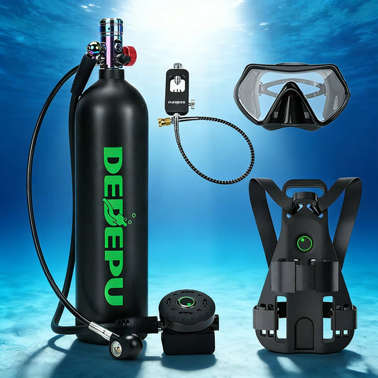 DEDEPU 2.3L Scuba Tank Diving Cylinder with Brass Relief Valve, Breathing Valve, Pressure Gauge, Backpack, Goggles and Adapter