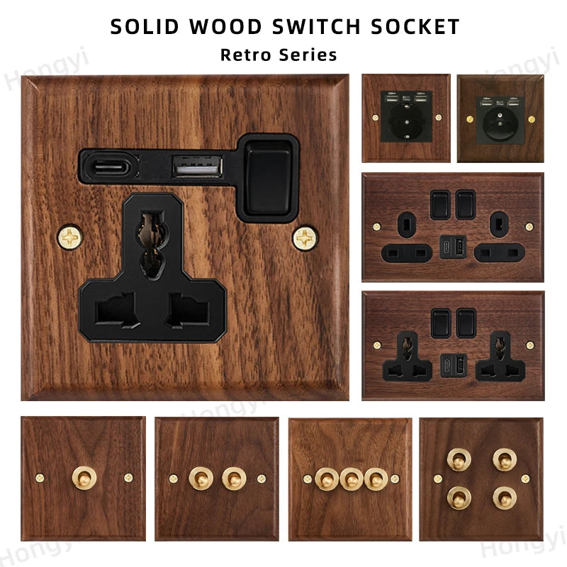 Black walnut wood retro British light switch socket, bedside wall lamp switch LED dimmer, pure wood brass toggle switch board