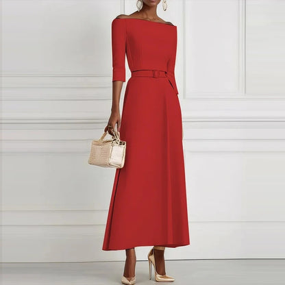 Office Ladies Elegant Solid High Waist Party Dress 2025 Spring Crew Neck Hollow Long Dress Autumn Long Sleeve A-Line Maxi Dress