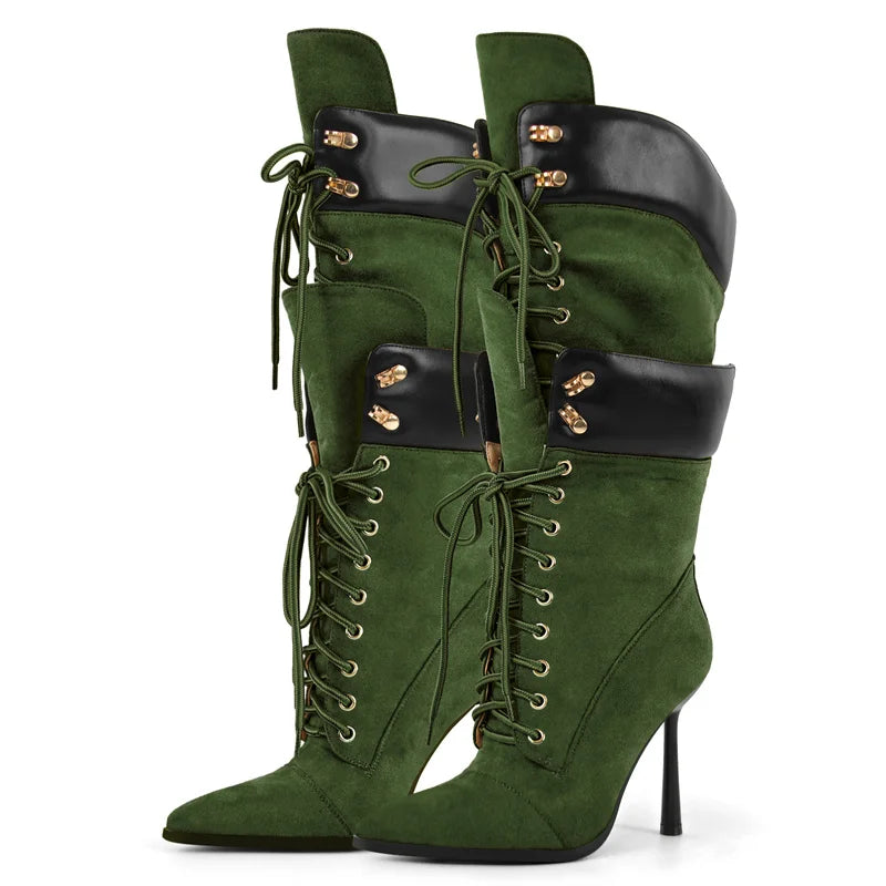 Onlymaker Women Pointed Toe Double Stiletto Heel Lace Up Mid-Calf Boots Faux Suede Nightclub Party  Daily Heel Stylish  Boots