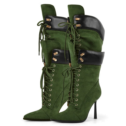 Onlymaker Women Pointed Toe Double Stiletto Heel Lace Up Mid-Calf Boots Faux Suede Nightclub Party  Daily Heel Stylish  Boots