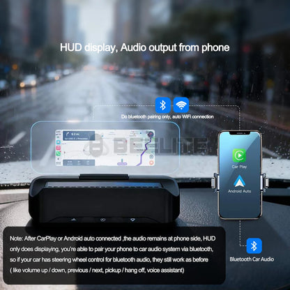 Beelite 2.99" Car HUD Display Wireless CarPlay Android Auto, Bluetooth Audio Output, Light Sensor For Auto Brightness