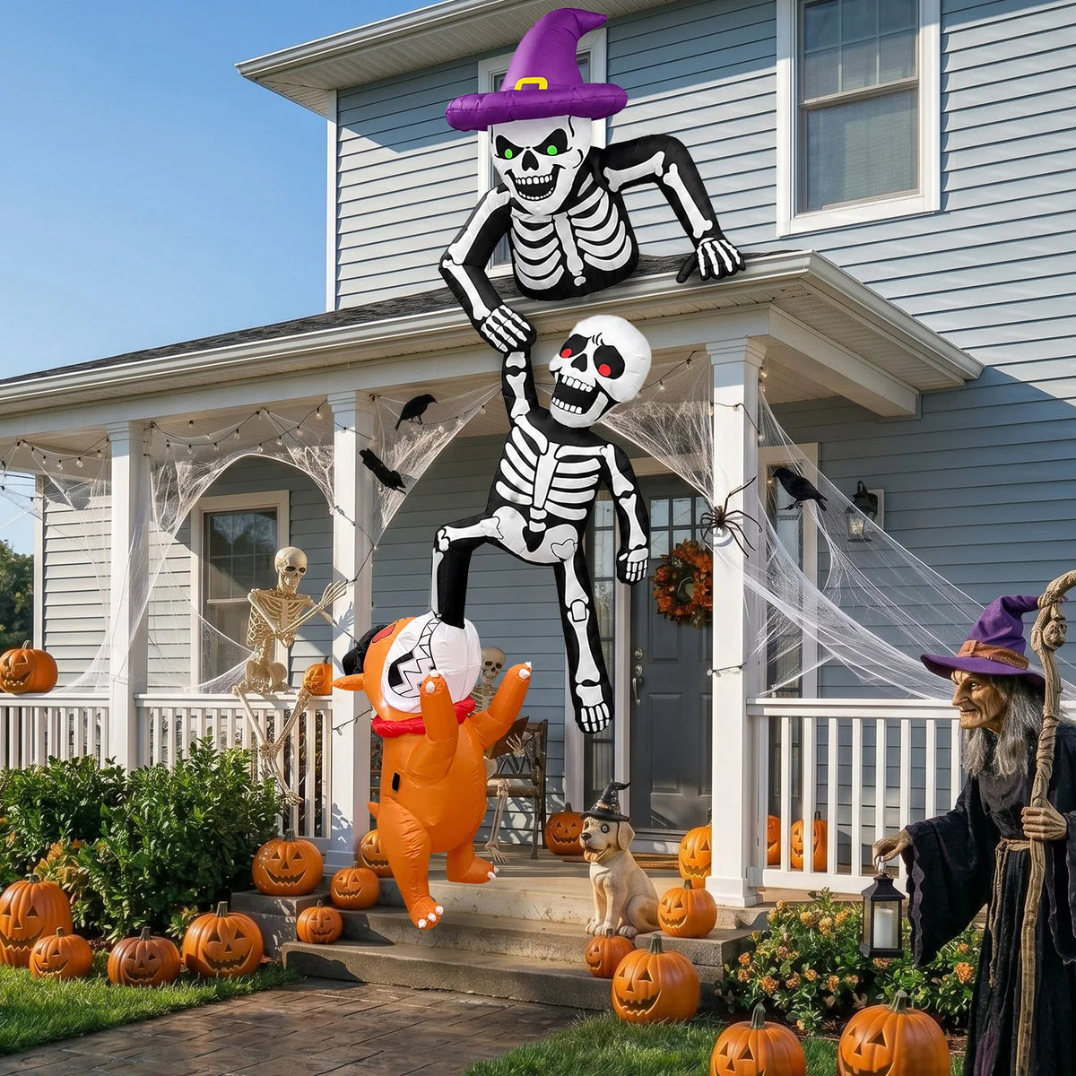 8FT Outdoor Inflatable Halloween Decoration Skeleton with Dog Biting Climbing Design for Patios Rooftops And Parties