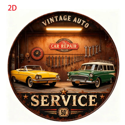 Vintage Retro Garage Aluminum Round Wall Plaque: 2D Flat Metal Sign with Classic Cars & Tools Design – for Bars, Cafes,