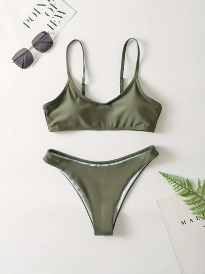 Adult women's fashionable solid color bra bikini - adjustable shoulder straps, suitable for slim fit swimsuits on beach vacation