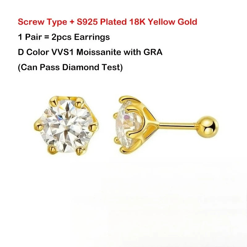 EWYA 0.2/0.5/2ct D Color Moissanite Screw Stud Earrings for Women Men Silver 925 Plated 18K Pass Diamond Test 6 Prong Earring