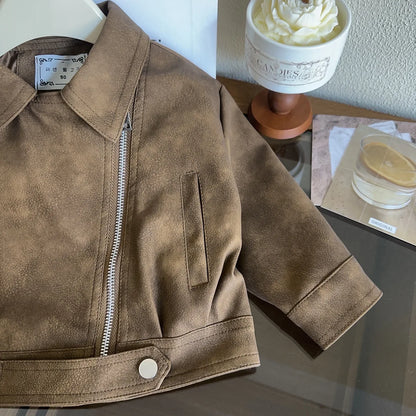 Autumn Spring New Leather Jacket Short Style Lapel Handsome Motorcycle Zipper Coat For 2-8 Years Fashion Loose Pu Outerwear