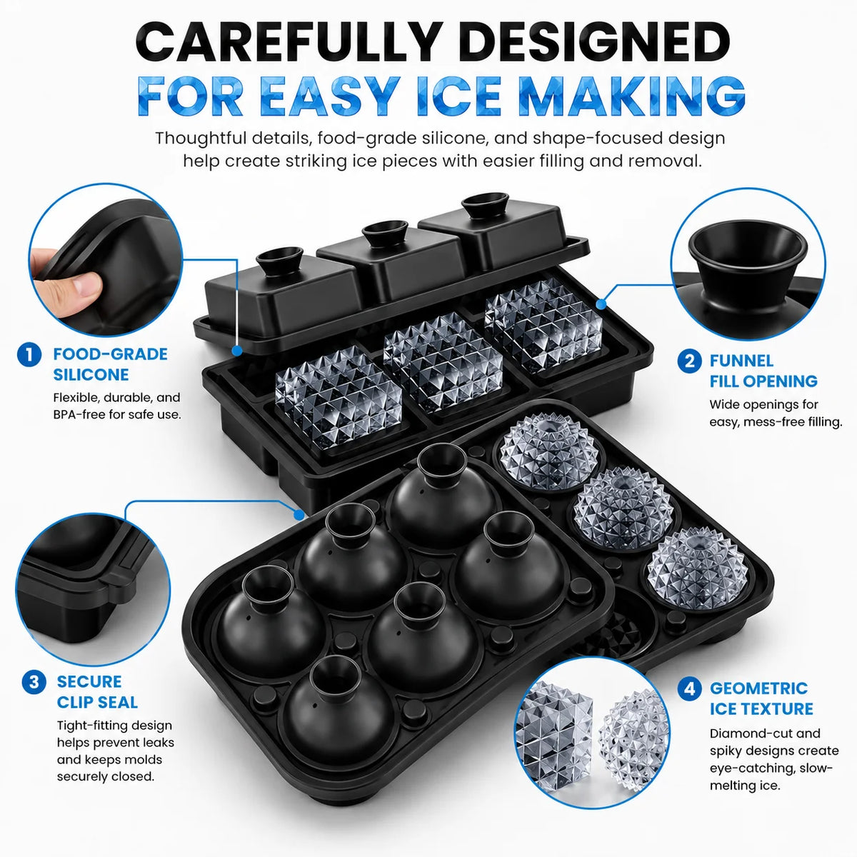 Easy Release Diamond Ice Cube Tray Sphere Ice Mold Food Grade Silicone Ice Molds With Funnel For Slow Melting Coffee Bar Gadgets