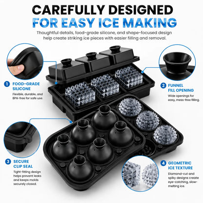 Easy Release Diamond Ice Cube Tray Sphere Ice Mold Food Grade Silicone Ice Molds With Funnel For Slow Melting Coffee Bar Gadgets