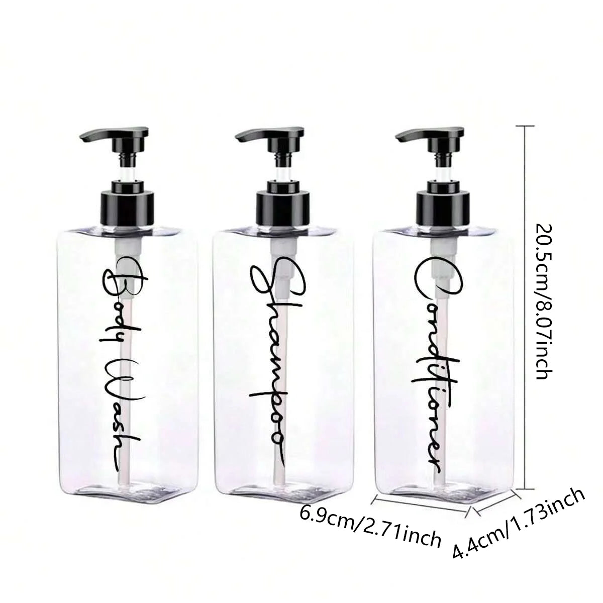 3 Transparent Square Refillable Shampoo and Conditioner Dispensers, 400ml Each, with 3 Waterproof Labels