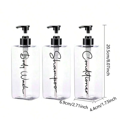 3 Transparent Square Refillable Shampoo and Conditioner Dispensers, 400ml Each, with 3 Waterproof Labels